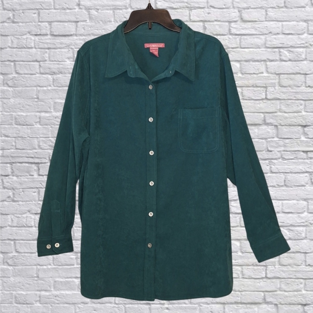'Woman Within' soft green suede button-down blouse, tunic length, Sz. 1X